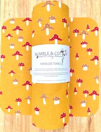 Mushrooms on mustard Paperless Towels || Unpaper Towels || Eco Sustainable Kitchen Gifts || Mushroom Cloth Napkins 12x12 Sheets