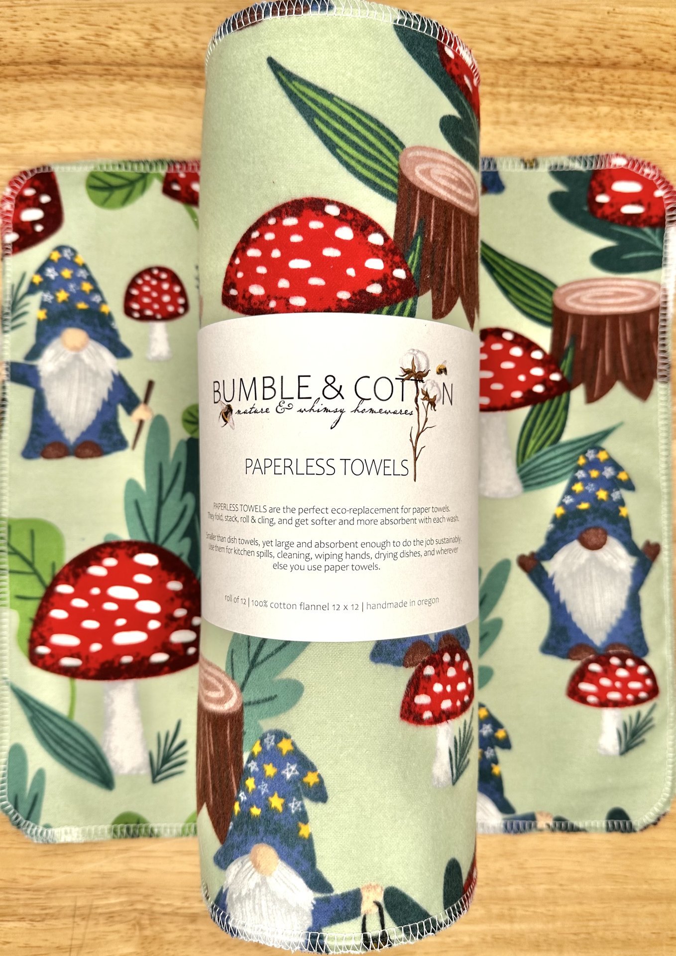 Gnomes & Mushrooms Paperless Towels || Unpaper Towels || Eco-Friendly Gift || Mushroom Cloth Napkins 12x12 Sheets