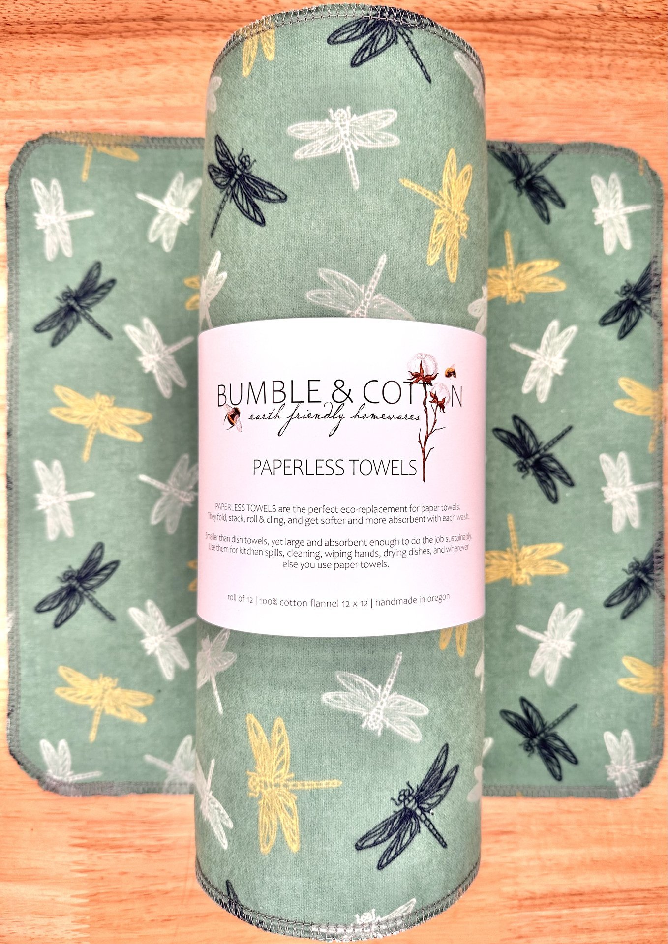 Dragonflies on Green Paperless Towels || Unpaper Towels || Eco-Friendly Gift 12x12 Sheets