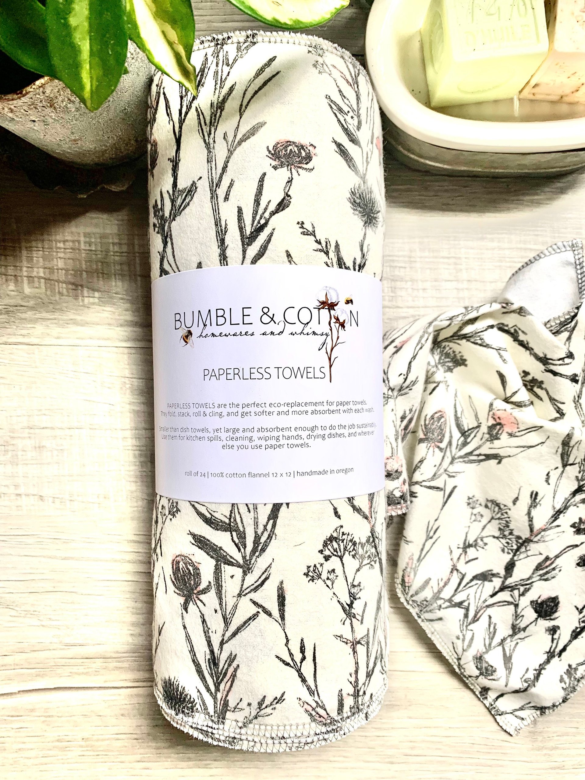 Wild Botanicals Paperless Towels || Unpaper Towels || Eco Sustainable Zero Waste Kitchen 12x12 Sheets