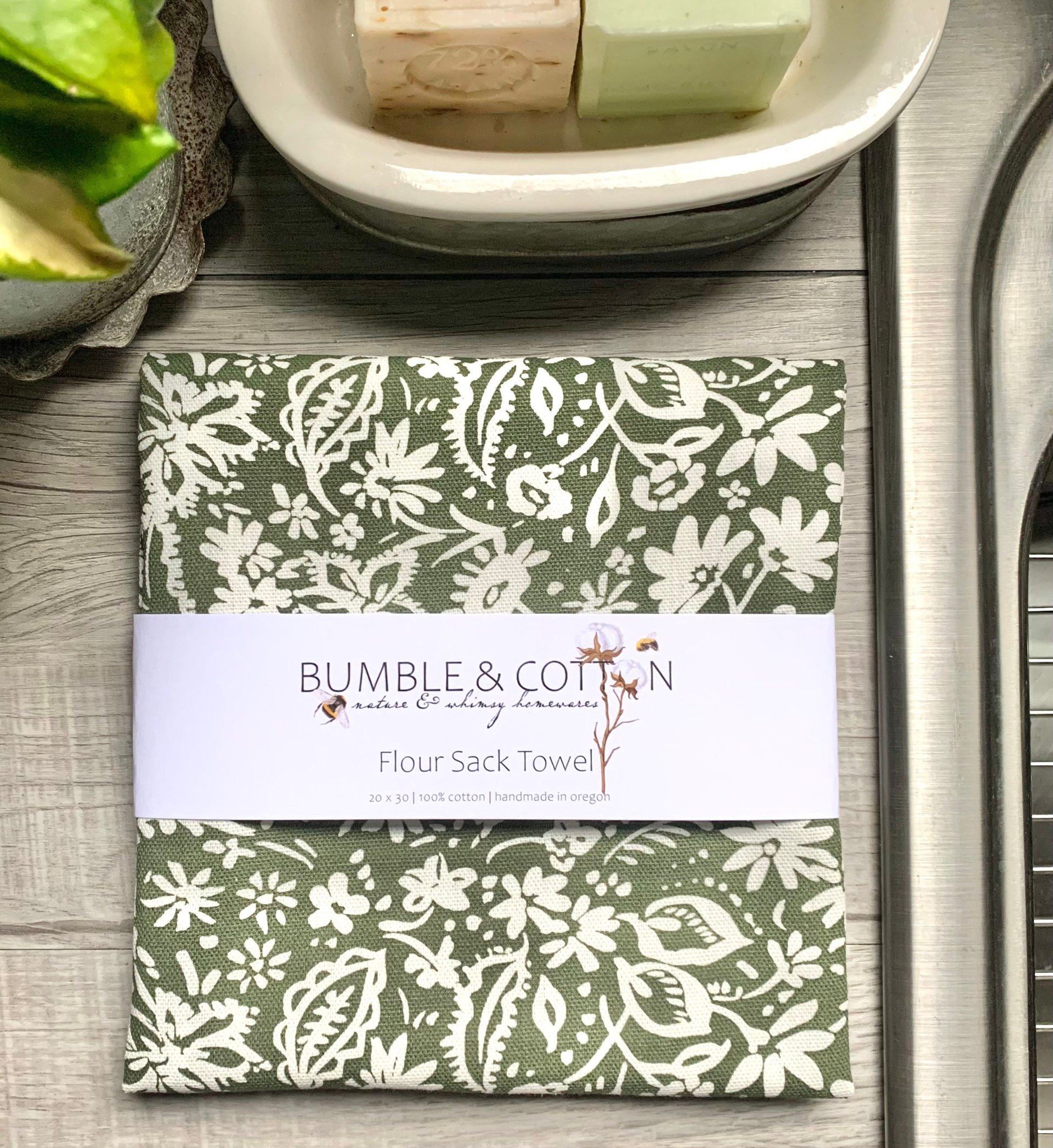 Green & White Floral Chef Towel || Nature Inspired Kitchen Towel