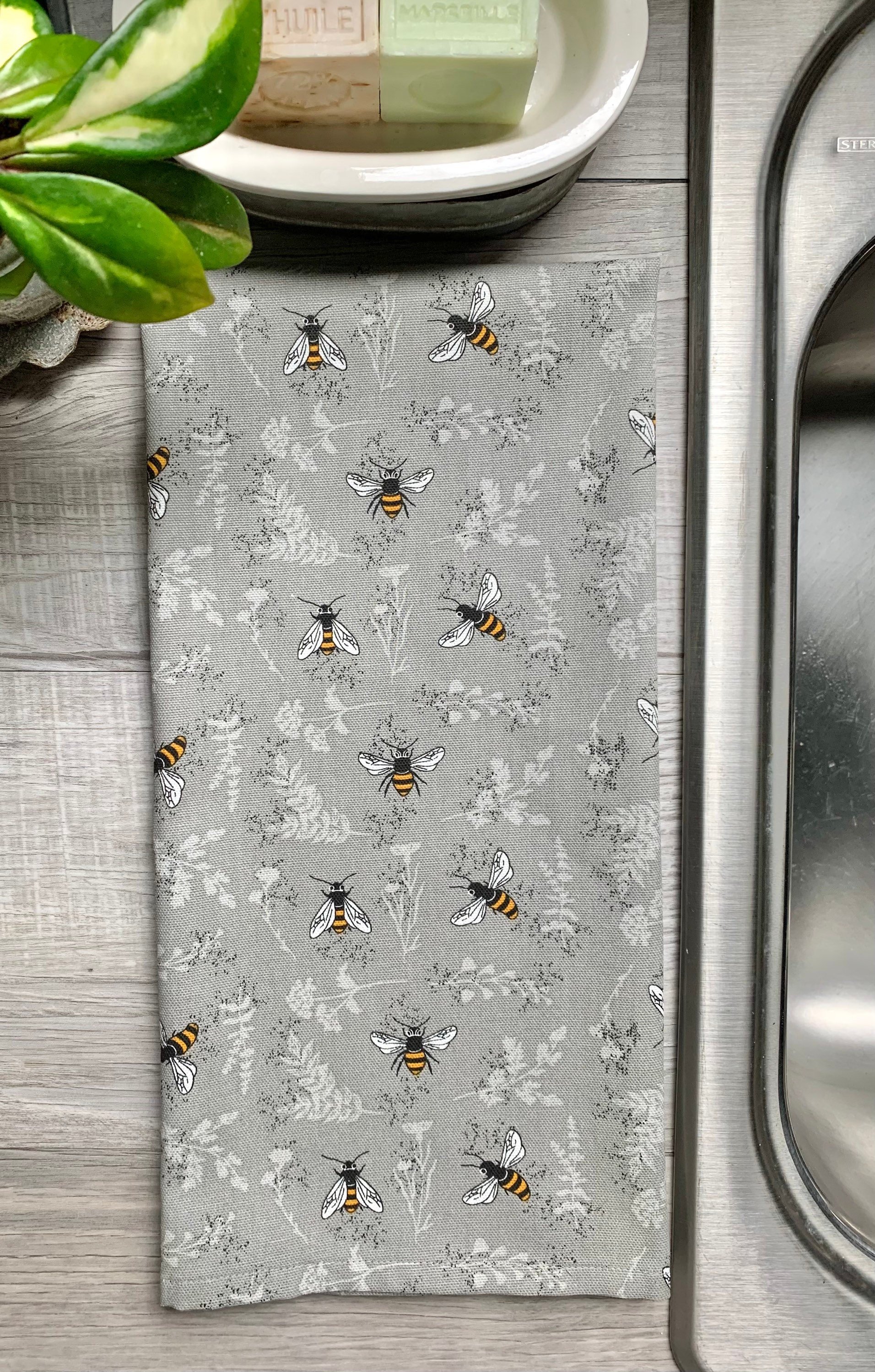 Bees on Grey Chef Towel || Nature Inspired Kitchen Towel