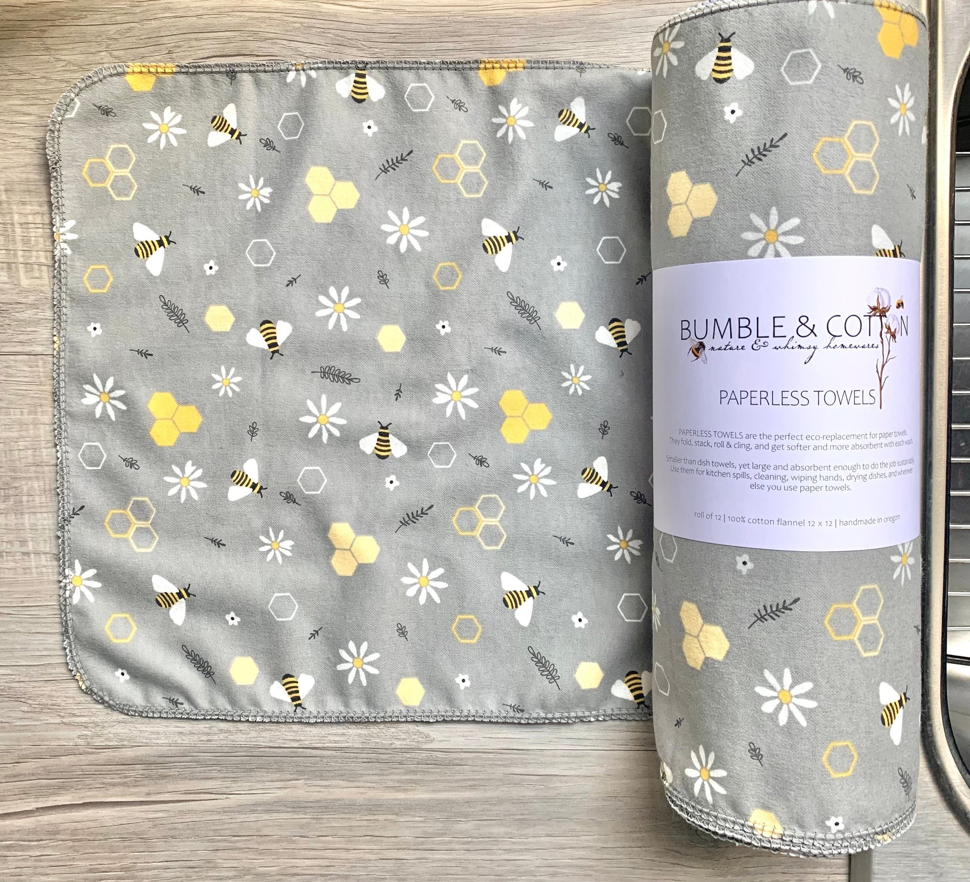 Bee’s & Daisies on grey Paperless Towels || Unpaper Towels || Eco Sustainable Kitchen