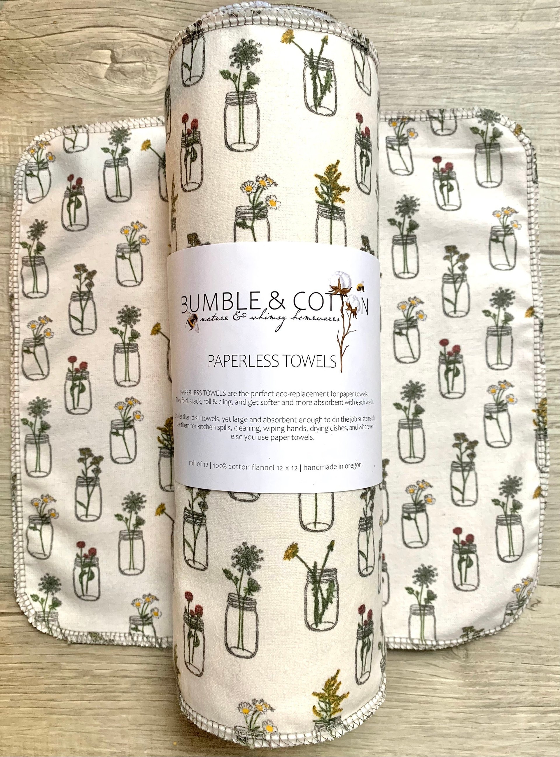 Mason Jar Flowers Paperless Towels || Floral Unpaper Towels || 12x12 