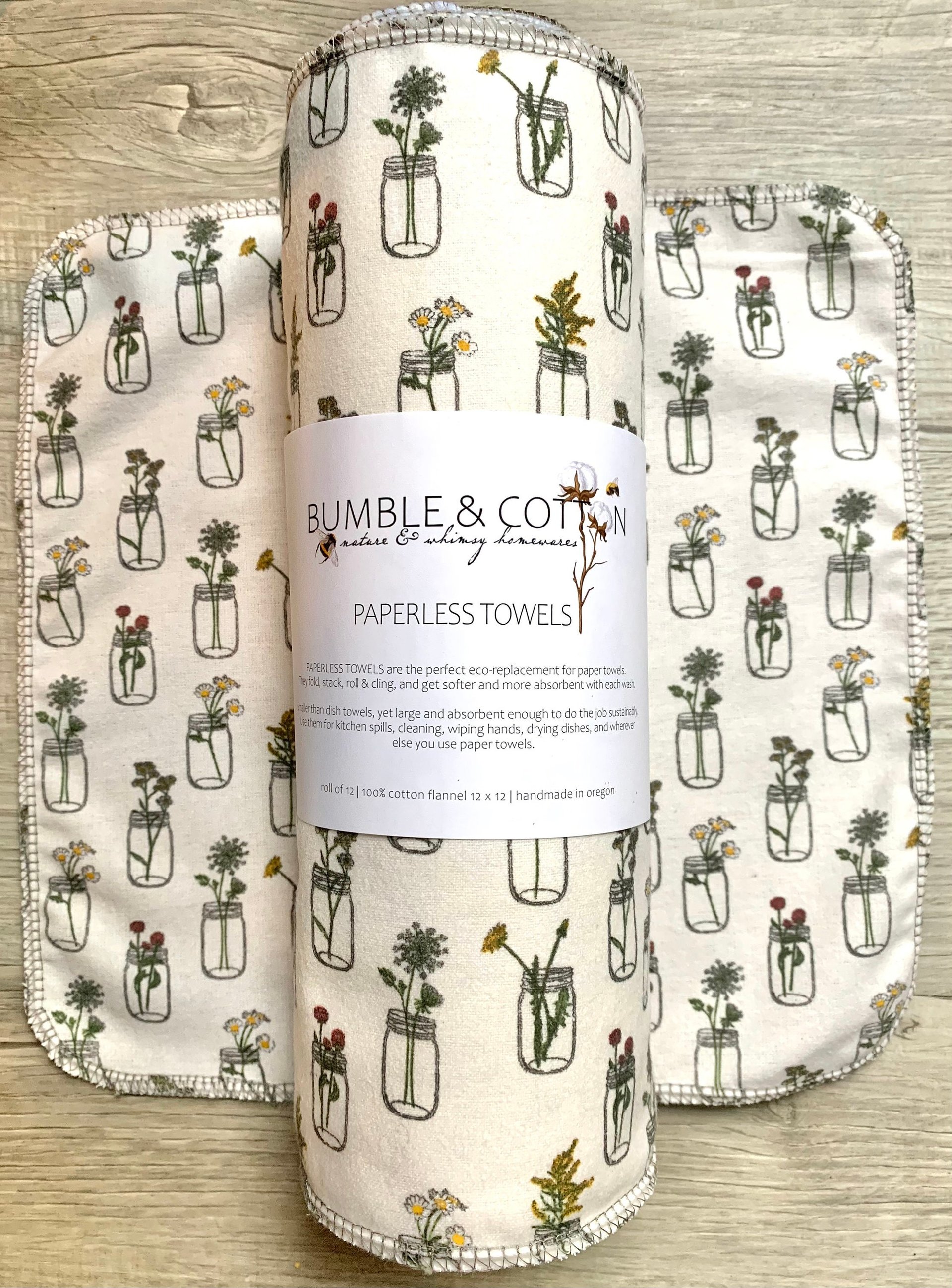 Mason Jar Flowers Paperless Towels || Unpaper Towels || Eco Kitchen Gift Botanical || 12x12 Sheets