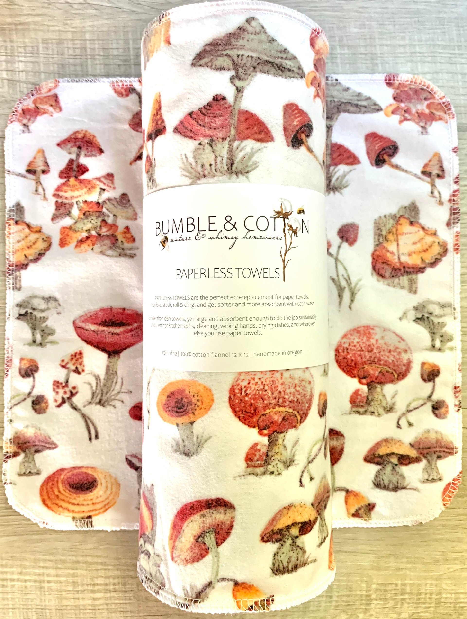 Natural Mushrooms Paperless Towels || Unpaper Towels || Eco-Friendly Gift || 12x12 Sheets
