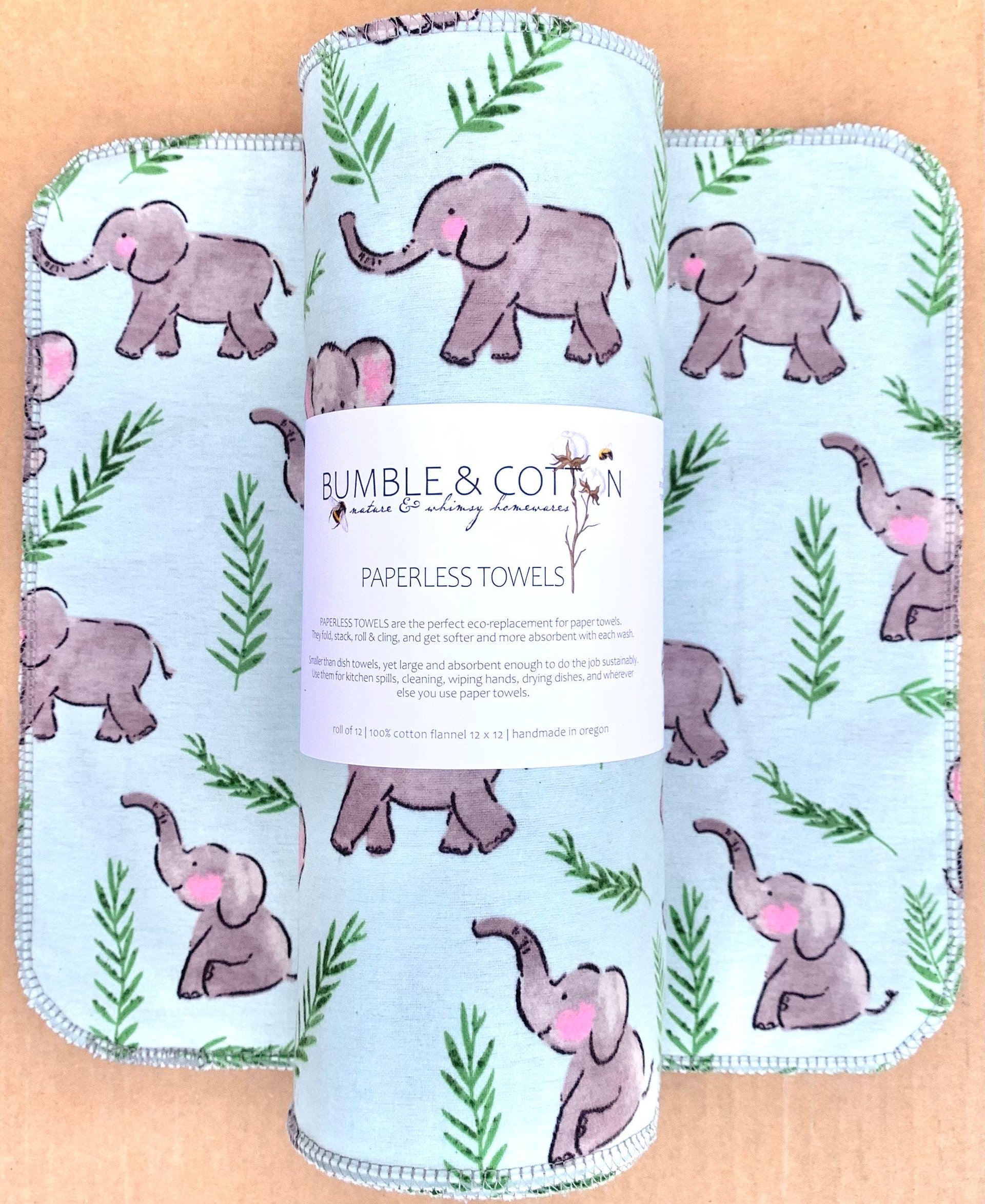 Elephants on blue Paperless Towels || Unpaper Towels || Eco Kitchen Gift 12x12 Sheets