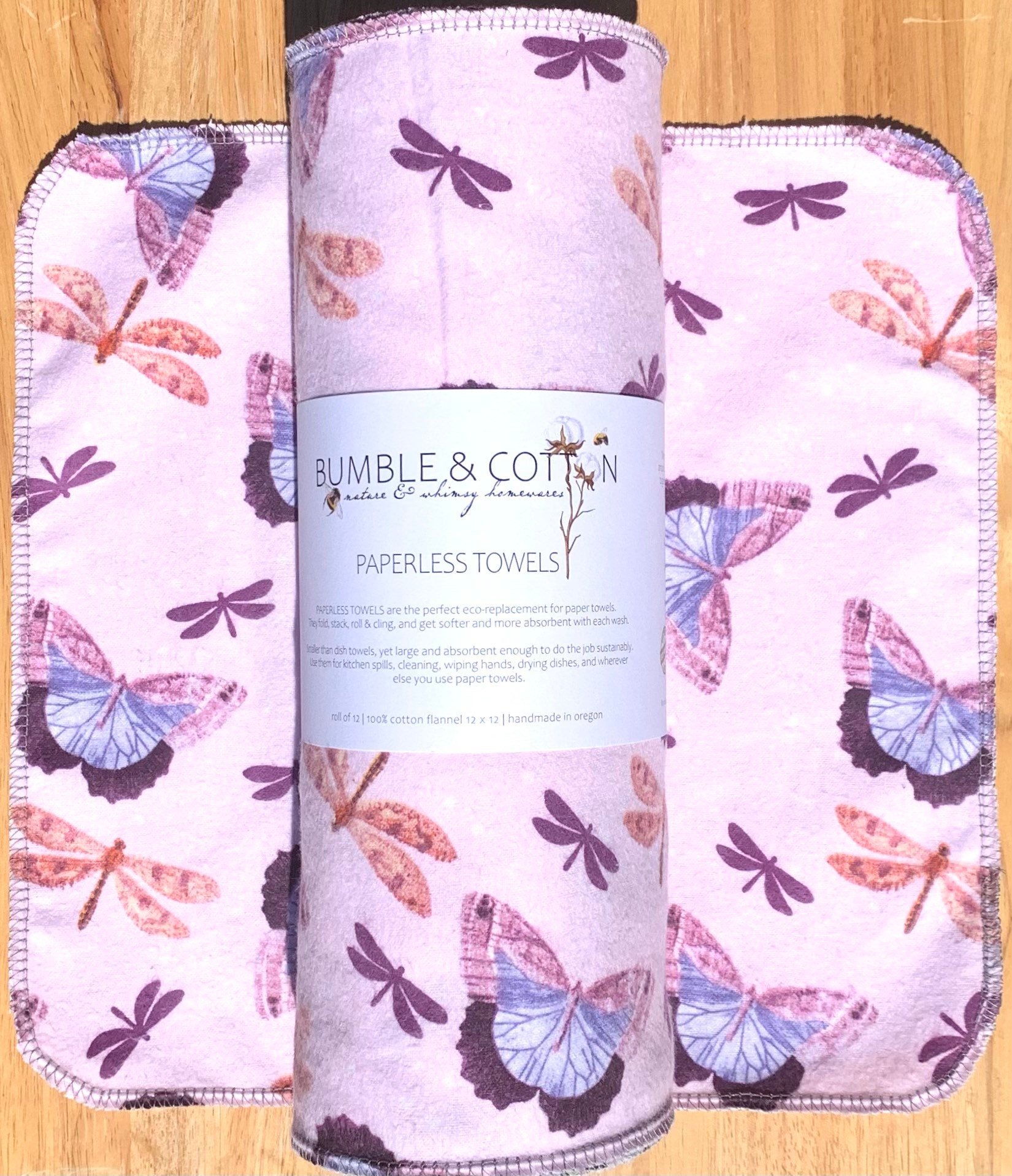 Dragonflies & Butterflies Paperless Towels || Unpaper Towels || Eco Sustainable Kitchen 12x12 Sheets