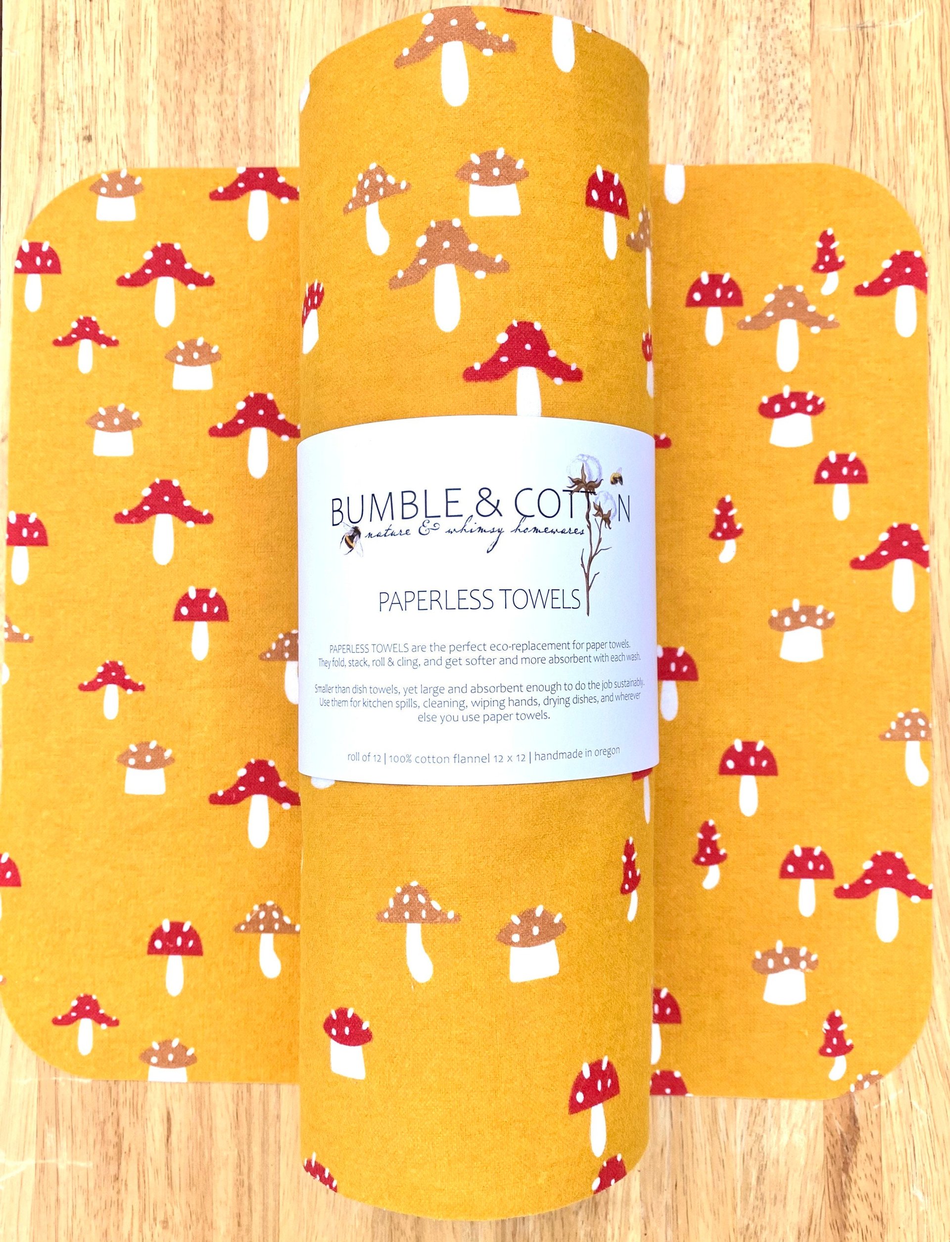 Mushrooms on mustard Paperless Towels || Unpaper Towels || Eco Sustainable Kitchen Gifts || Mushroom Cloth Napkins 12x12 Sheets
