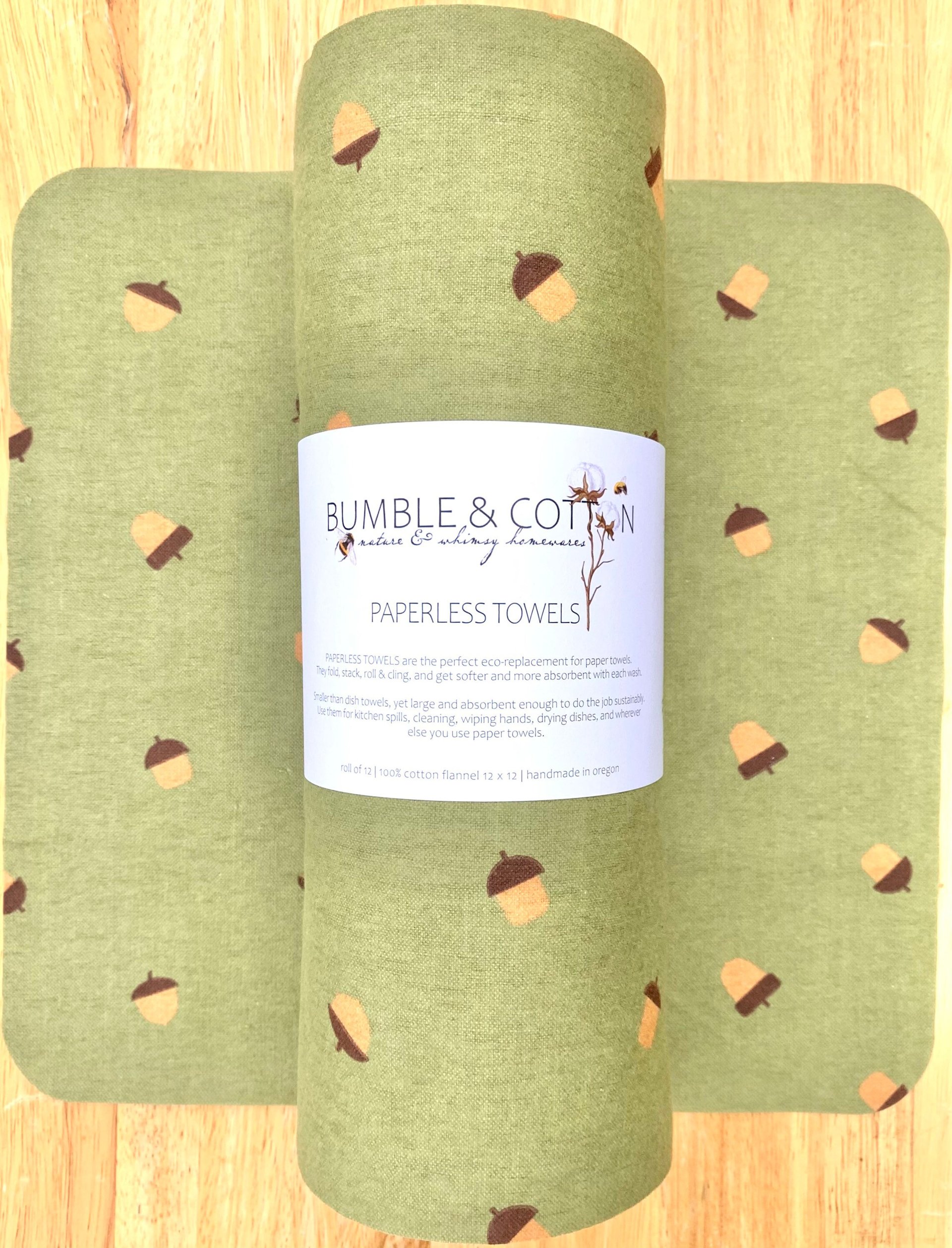 Acorns on sage green Paperless Towels || Unpaper Towels || Eco Sustainable Kitchen