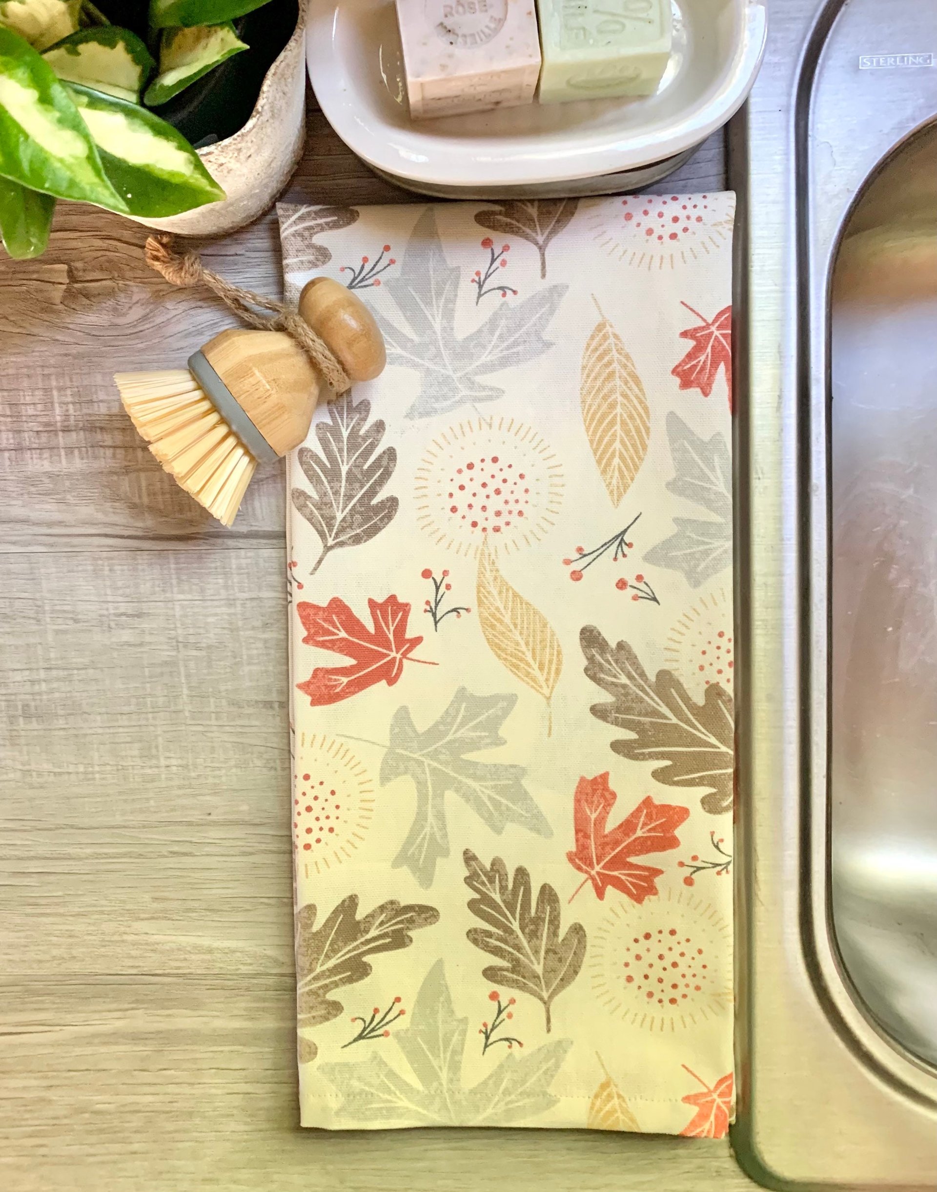 Falling Leaves & Sprigs Chef Towel || Nature Inspired Kitchen Towel