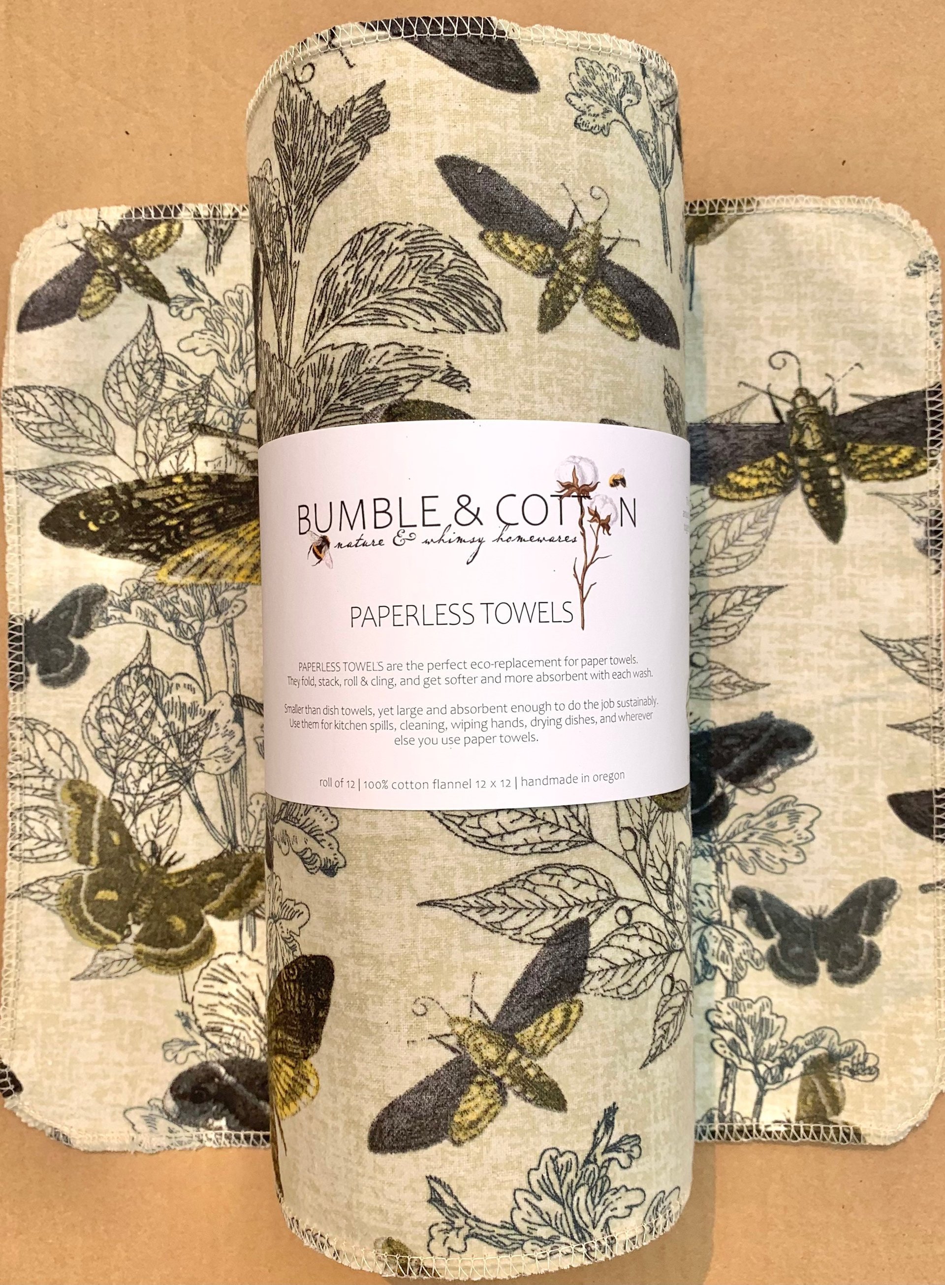 Spooky Butterflies, Moths and Botanicals Paperless Towels || Unpaper Towels || Eco-Friendly Gift || 12x12 Sheets