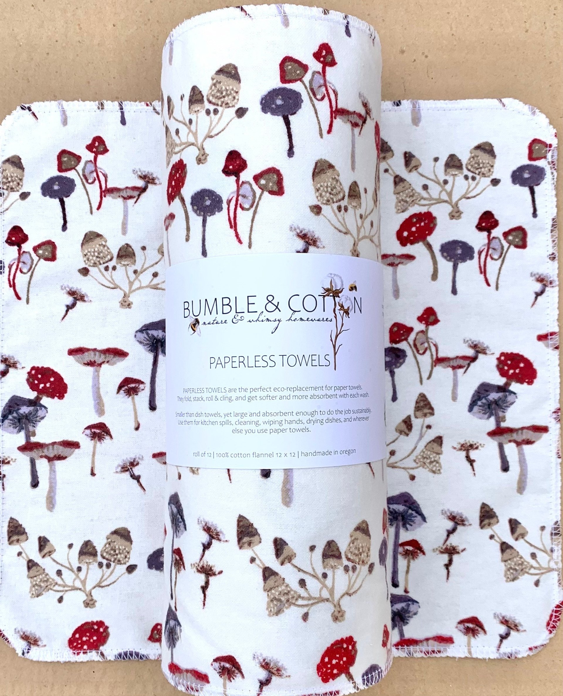 Forest Mushrooms Paperless Towels || Mushroom Lover Unpaper Towels || 12x12