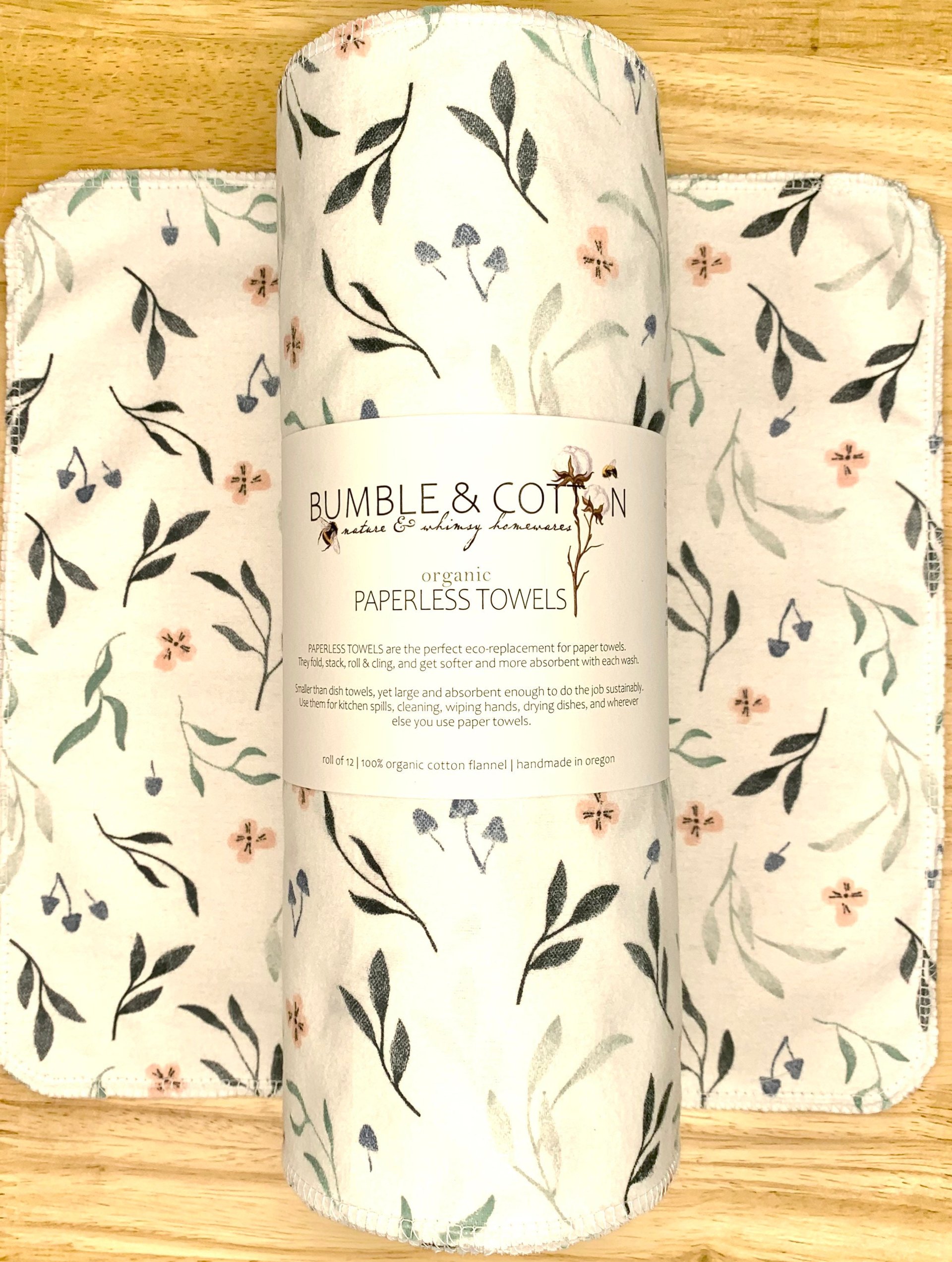 ORGANIC Trio Paperless Towels ||Mushrooms & Botanicals || Unpaper Towels || GOT Certified 12x12 Sheets || Eco-Friendly Gift