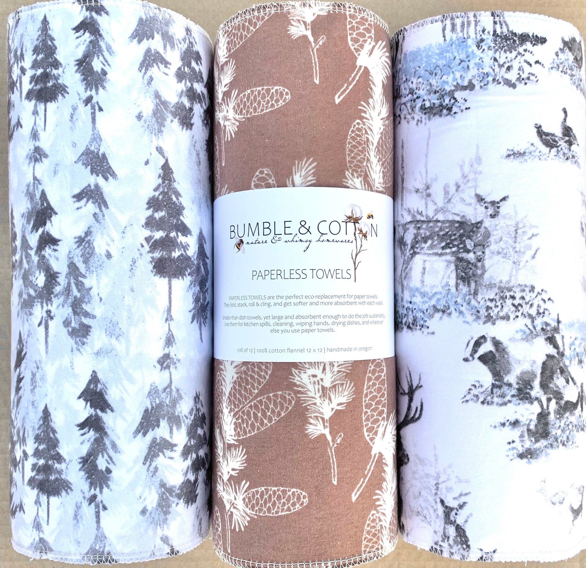 Snow Forest Trio Paperless Towels || Unpaper Towels || Zero Waste Kitchen Gifts 12x12 Sheets