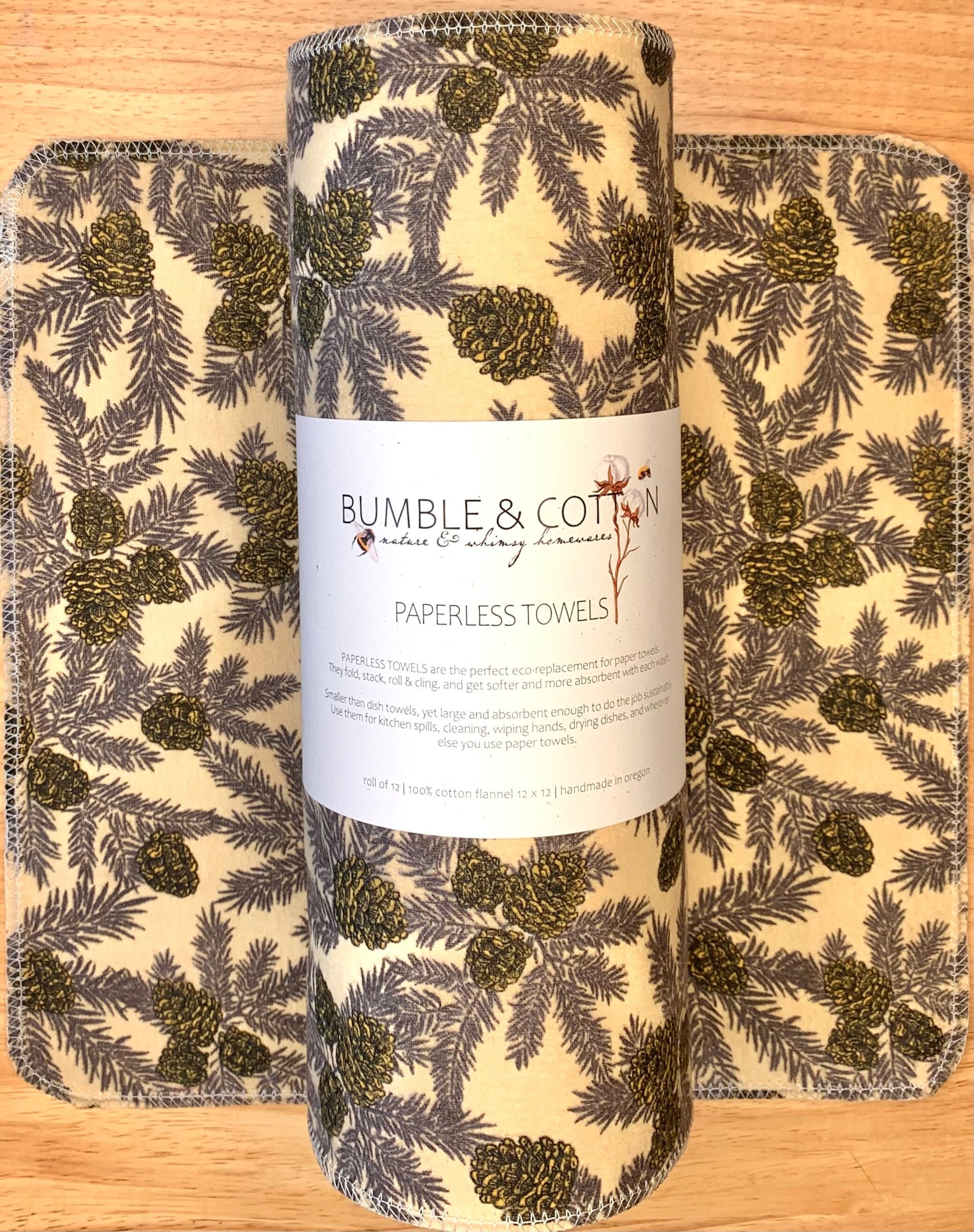 Pinecones & Branches 12x12 Paperless Towels || Unpaper Towels || Eco Kitchen Botanical Gift