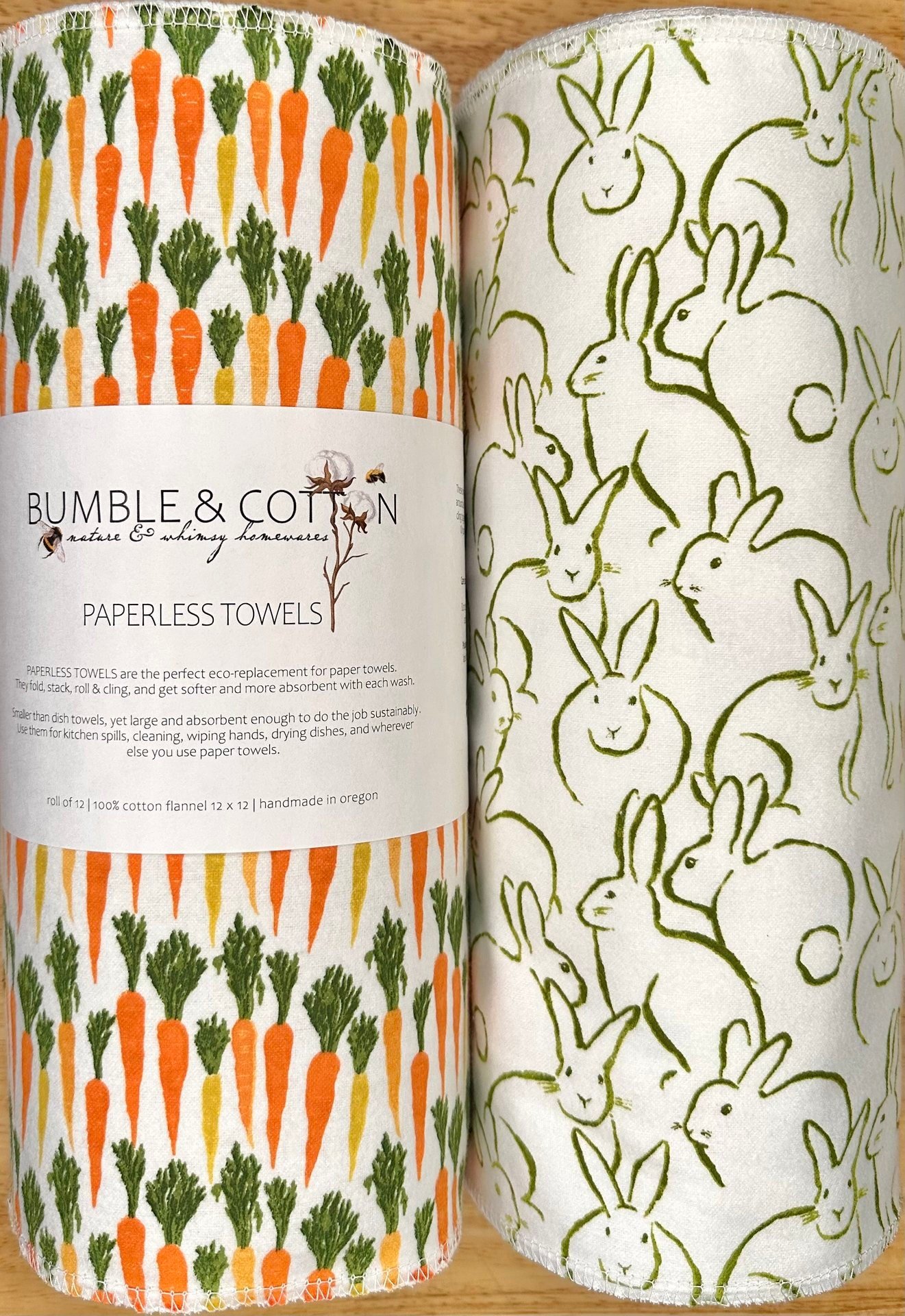Paperless Towels Spring Trio Bunnies & Veggies || Unpaper Towels || Eco-Kitchen Zero Waste Gifts 12x12 Sheets