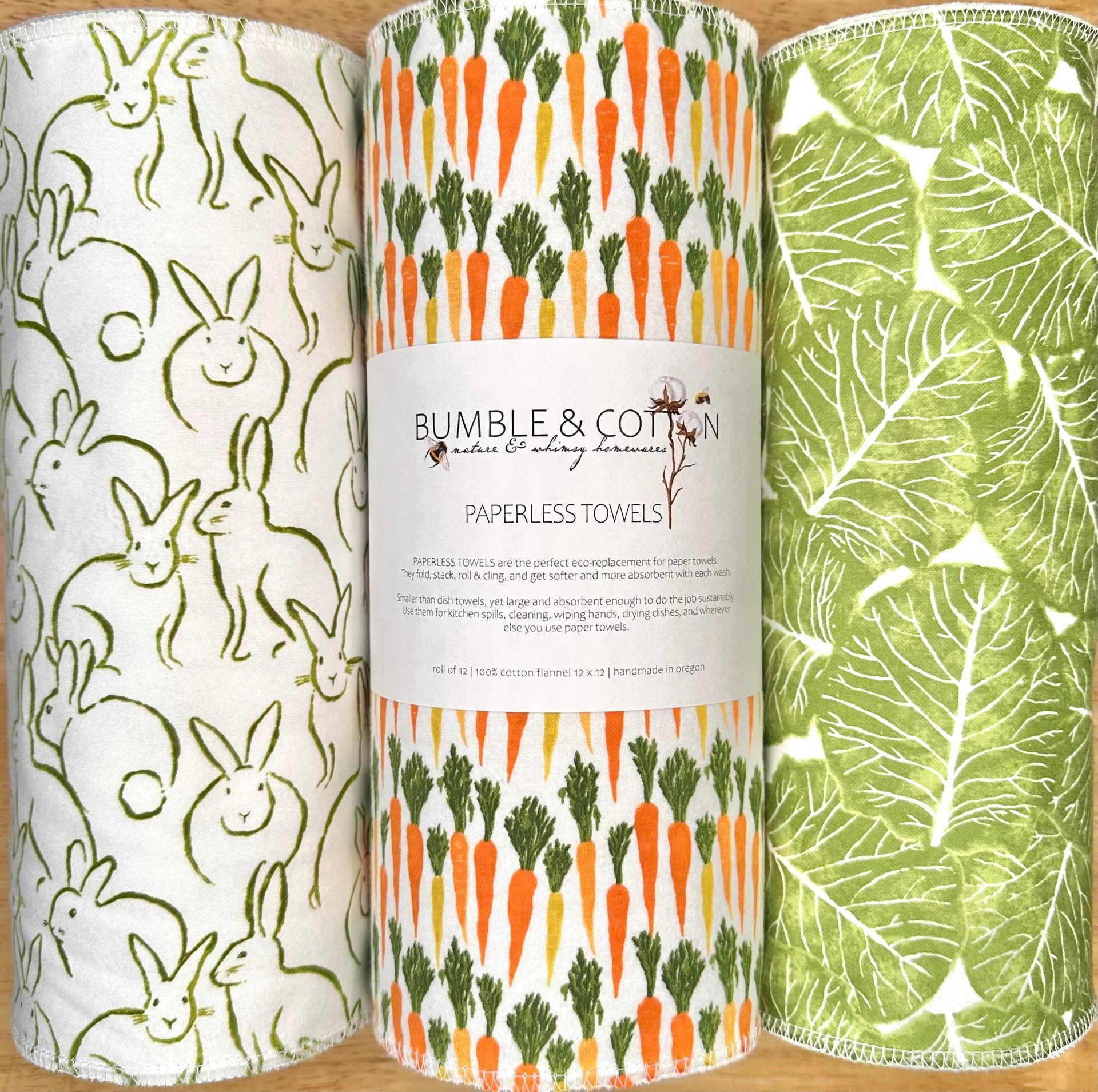 Paperless Towels Spring Trio Bunnies & Veggies || Unpaper Towels || Eco-Kitchen Zero Waste Gifts 12x12 Sheets