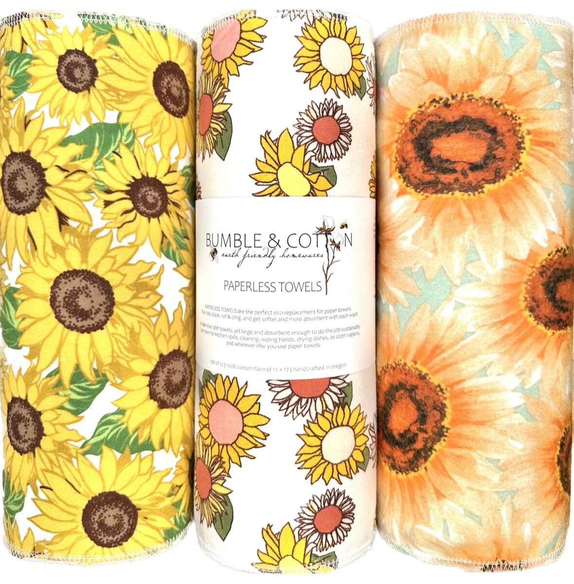 Sunflower Trio Paperless Towels || Unpaper Towels || Eco Kitchen Gift 12x12 Sheets || Sunflower Gift for her