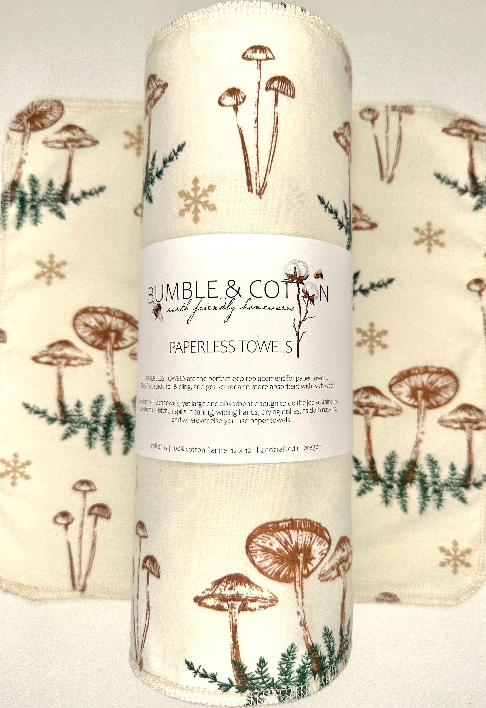 Mushrooms & Pine Branches Paperless Towels || Unpaper Towels || Eco Sustainable Zero Waste Kitchen Gifts || Cloth Napkins || 12x12 Sheets