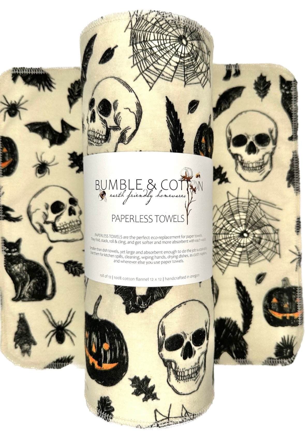 Spooky Skulls & Cats Paperless Towels || Spooky Unpaper Towels || Halloween Eco Sustainable Kitchen