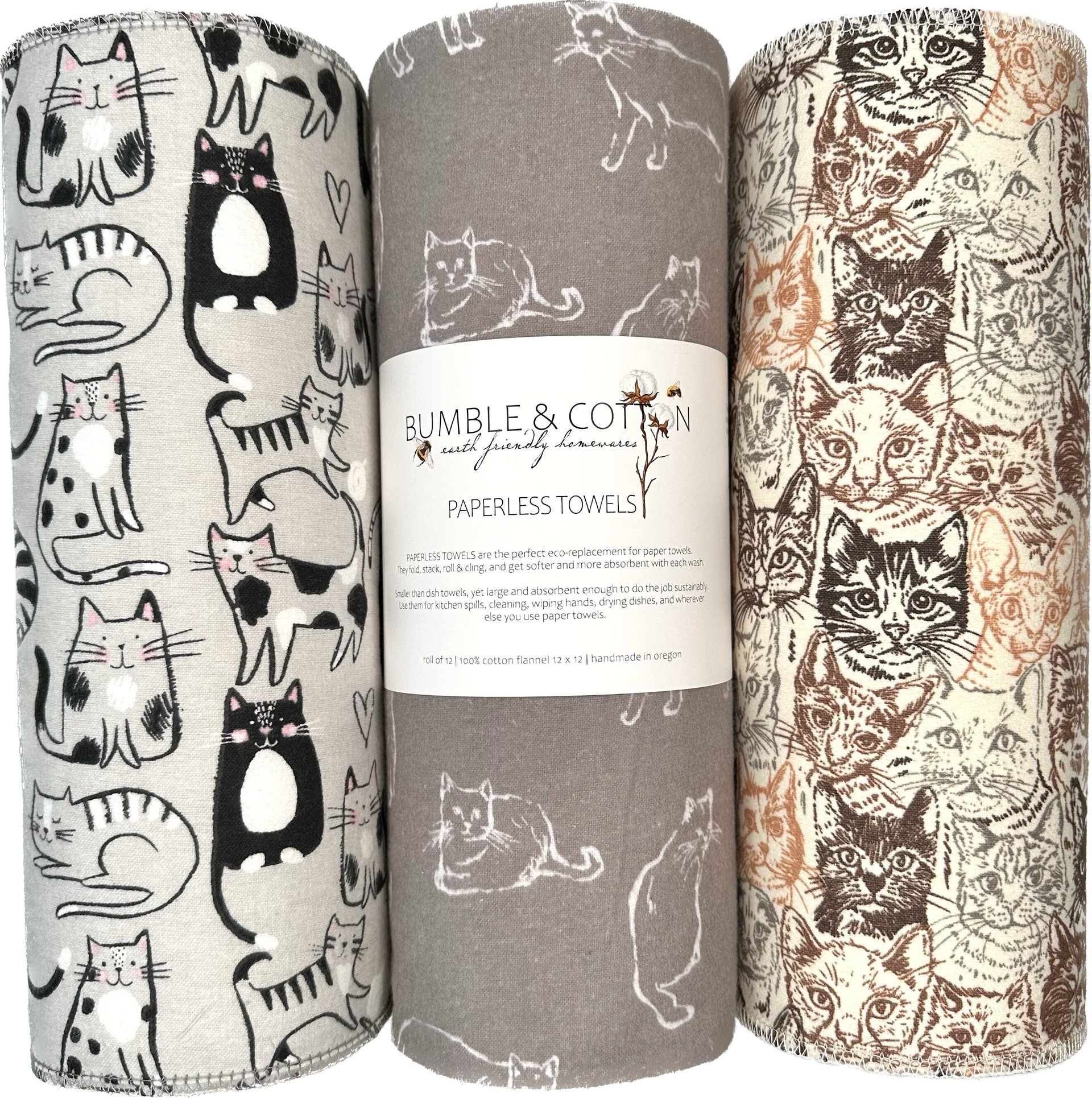 Cat Trio Paperless Towels || Unpaper Towels || Eco Kitchen Gift 12x12 Sheets