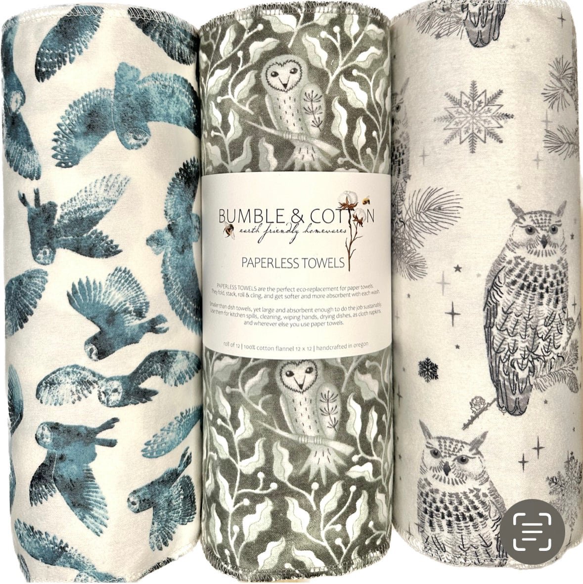 Owl Trio Paperless Towels || Unpaper Towels || Zero Waste Kitchen 12x12 Sheets