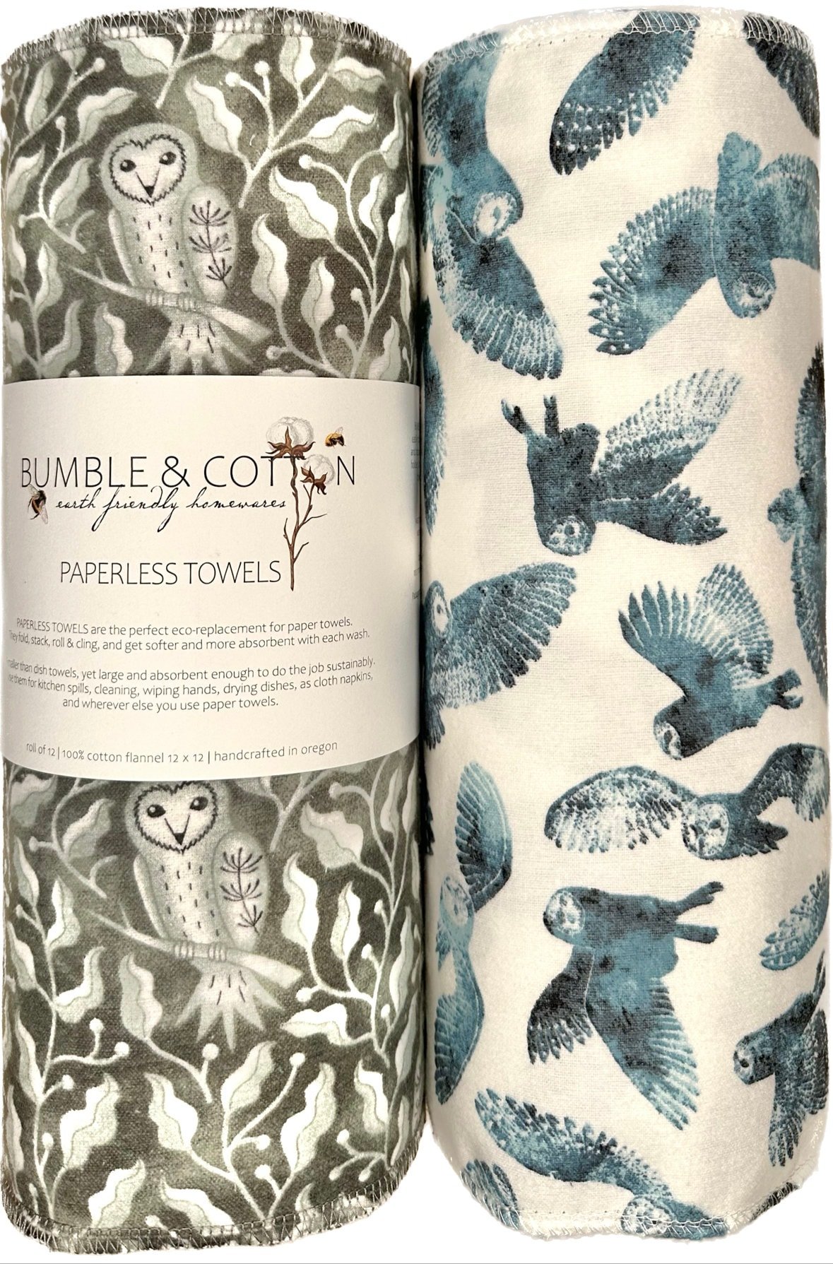 Owl Trio Paperless Towels || Unpaper Towels || Zero Waste Kitchen 12x12 Sheets