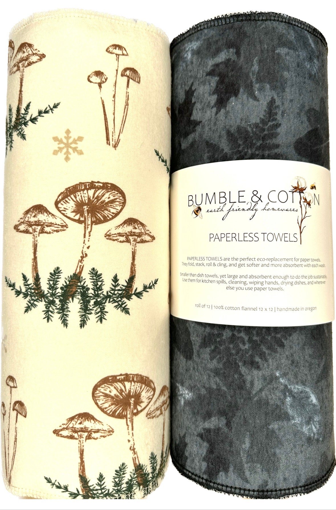 Mushroom Trio Paperless Towels || Mushrooms & Botanicals || Unpaper Towels || 12x12 Sheets