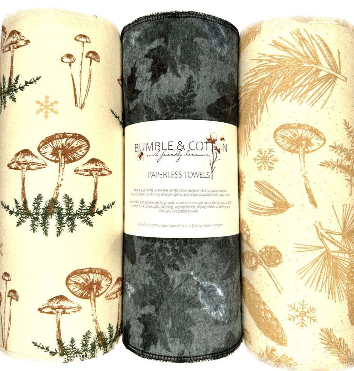 Mushroom Trio Paperless Towels || Mushrooms & Botanicals || Unpaper Towels || 12x12 Sheets || Eco-Friendly Gift