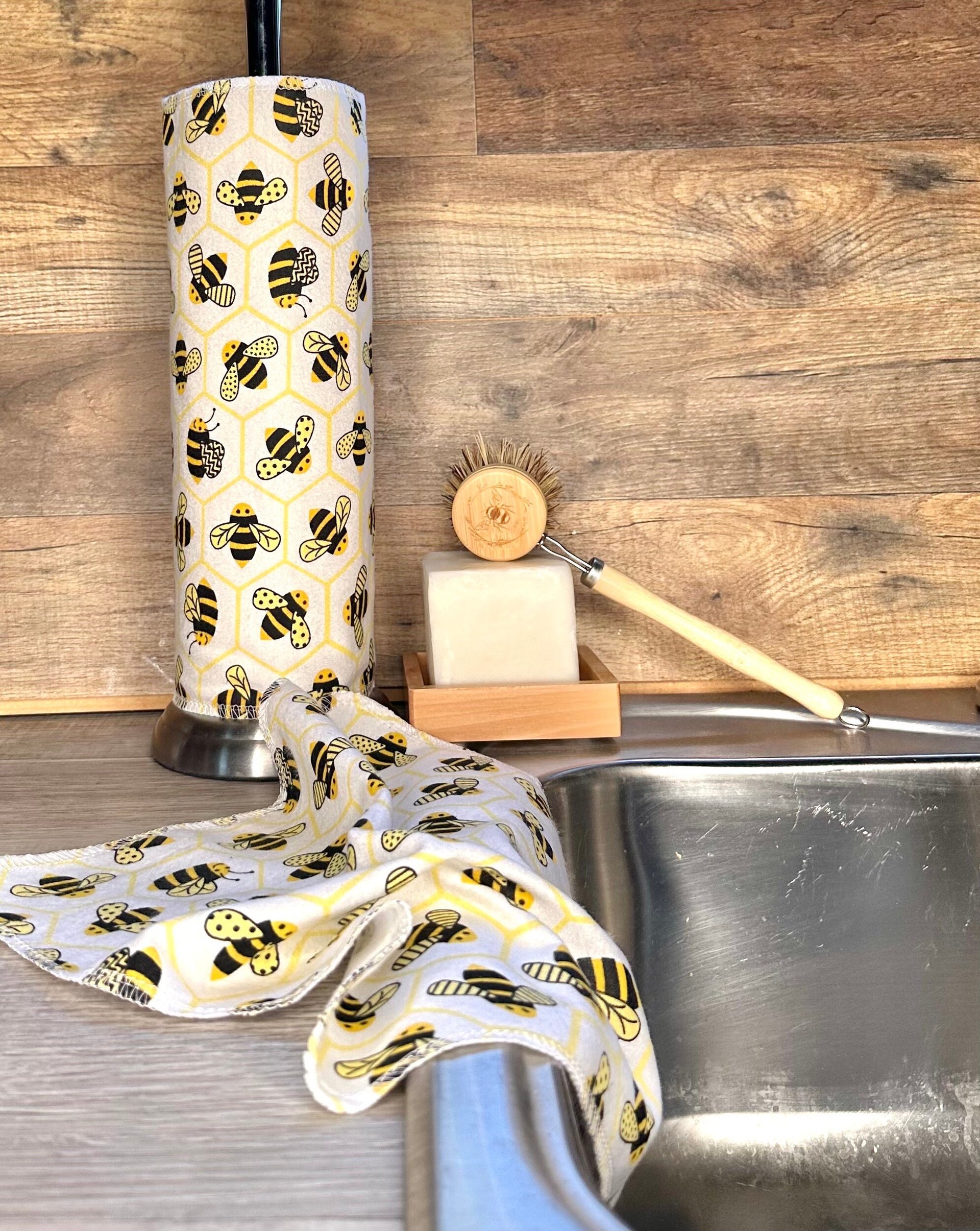 Bumblebees on white Paperless Towels || 6 or 12 Unpaper Towels 12x12 || Eco Sustainable Kitchen Goods
