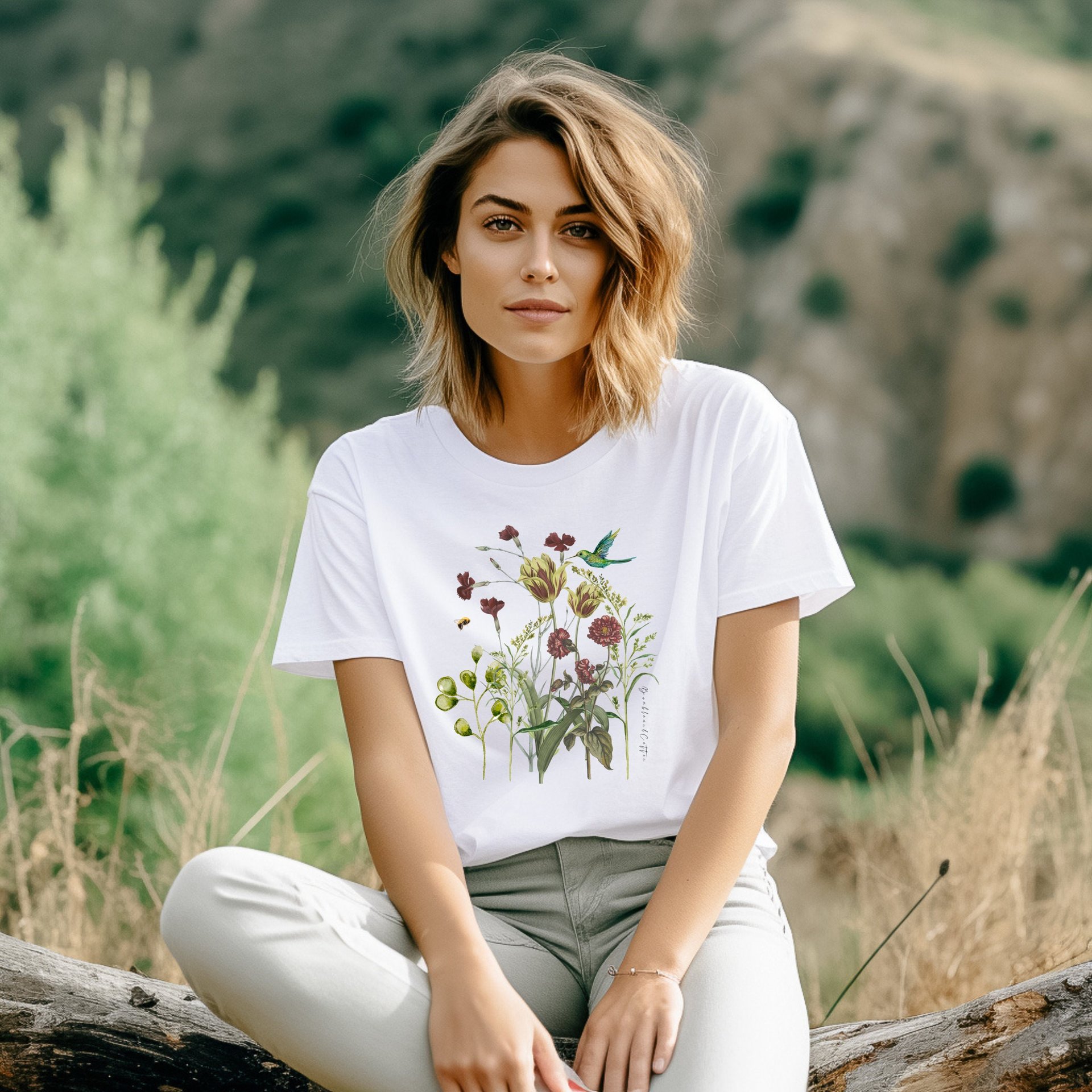 Botanical Hummingbird T-Shirt || Botanics and Bird Lover Tee Shirt || ECO Gender Neutral T-shirt