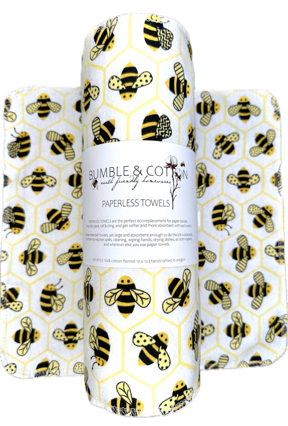 Bumblebees on white Paperless Towels || 6 or 12 Unpaper Towels 12x12 || Eco Sustainable Kitchen Goods