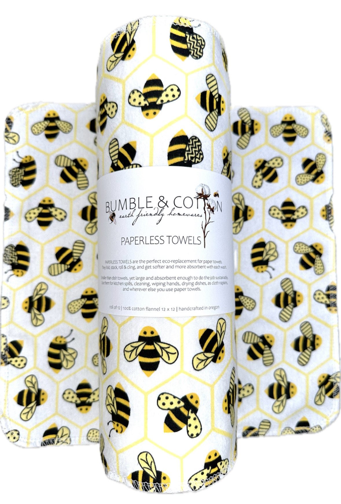 Bumblebees on white Paperless Towels || Unpaper Towels || Eco Sustainable Kitchen Goods 12x12 Sheets