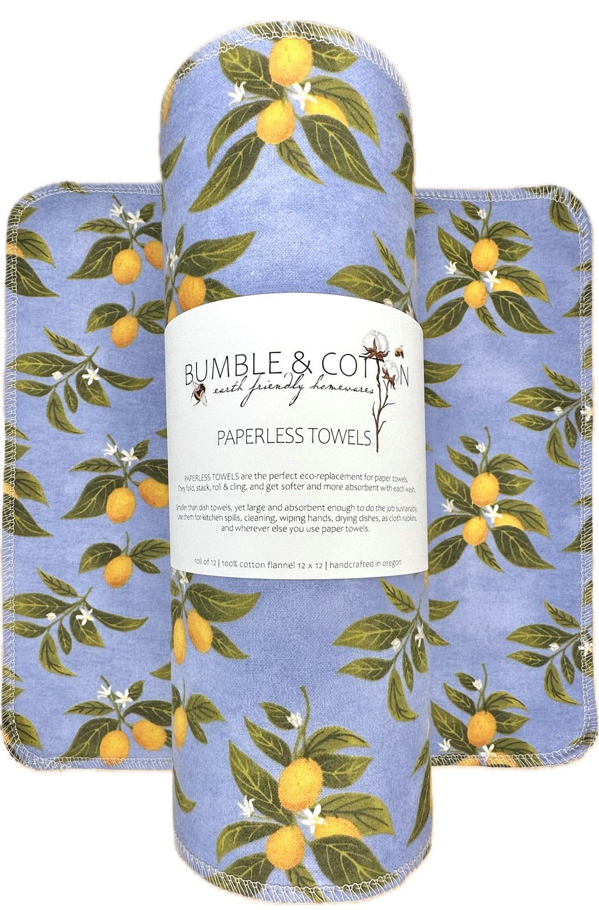 Citrus Paperless Towels || Unpaper Towels || Eco Kitchen Gift 12x12 Sheets || Lemons Kumquats Periwinkle