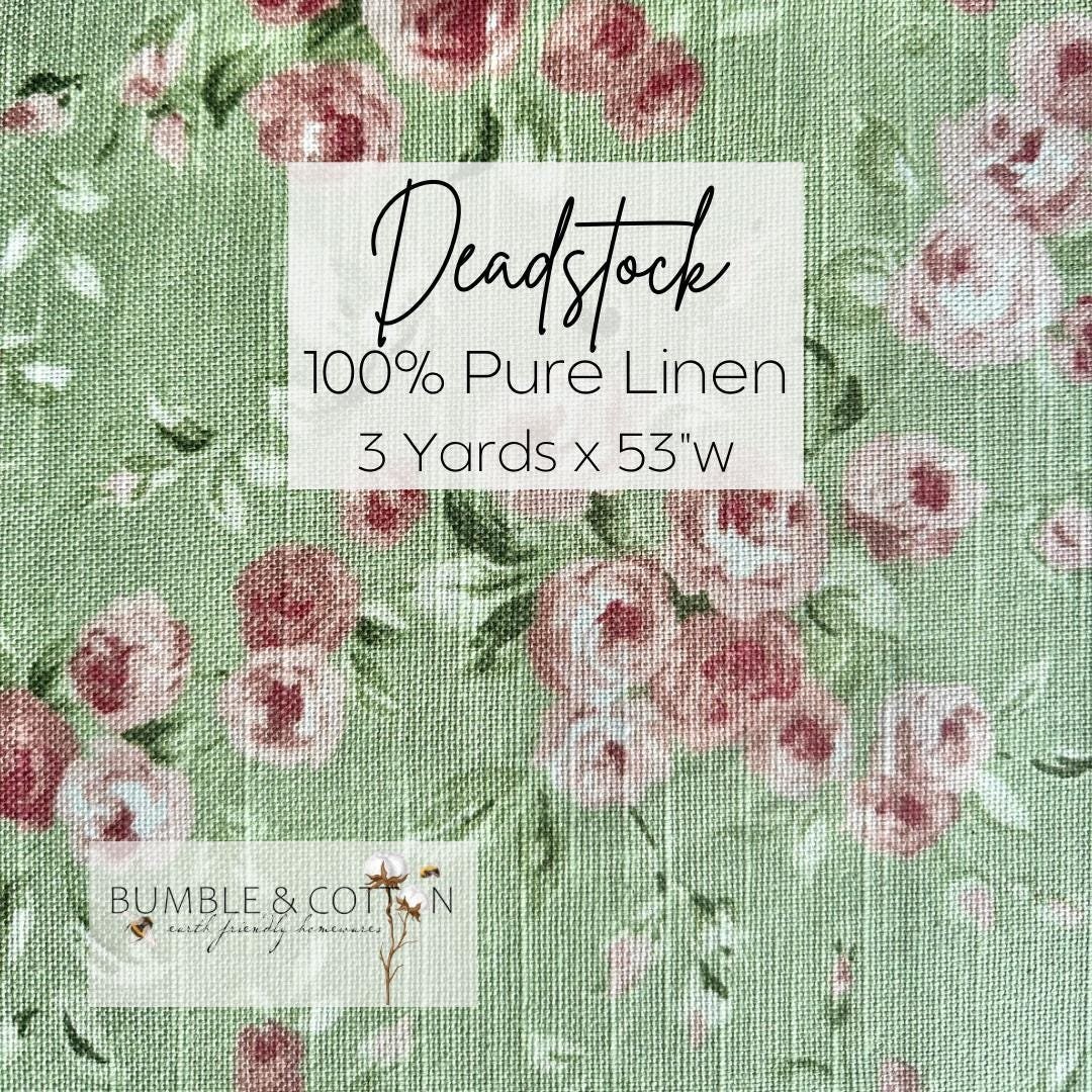 Linen Deadstock Yardage || Vintage Floral on Green