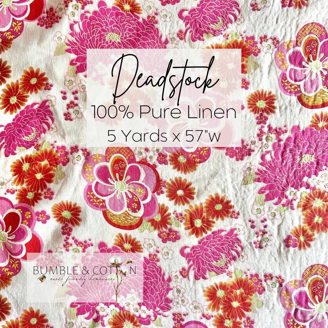 Linen Deadstock Yardage || Pink Fuchsia Floral || Lightweight Linen on off-white