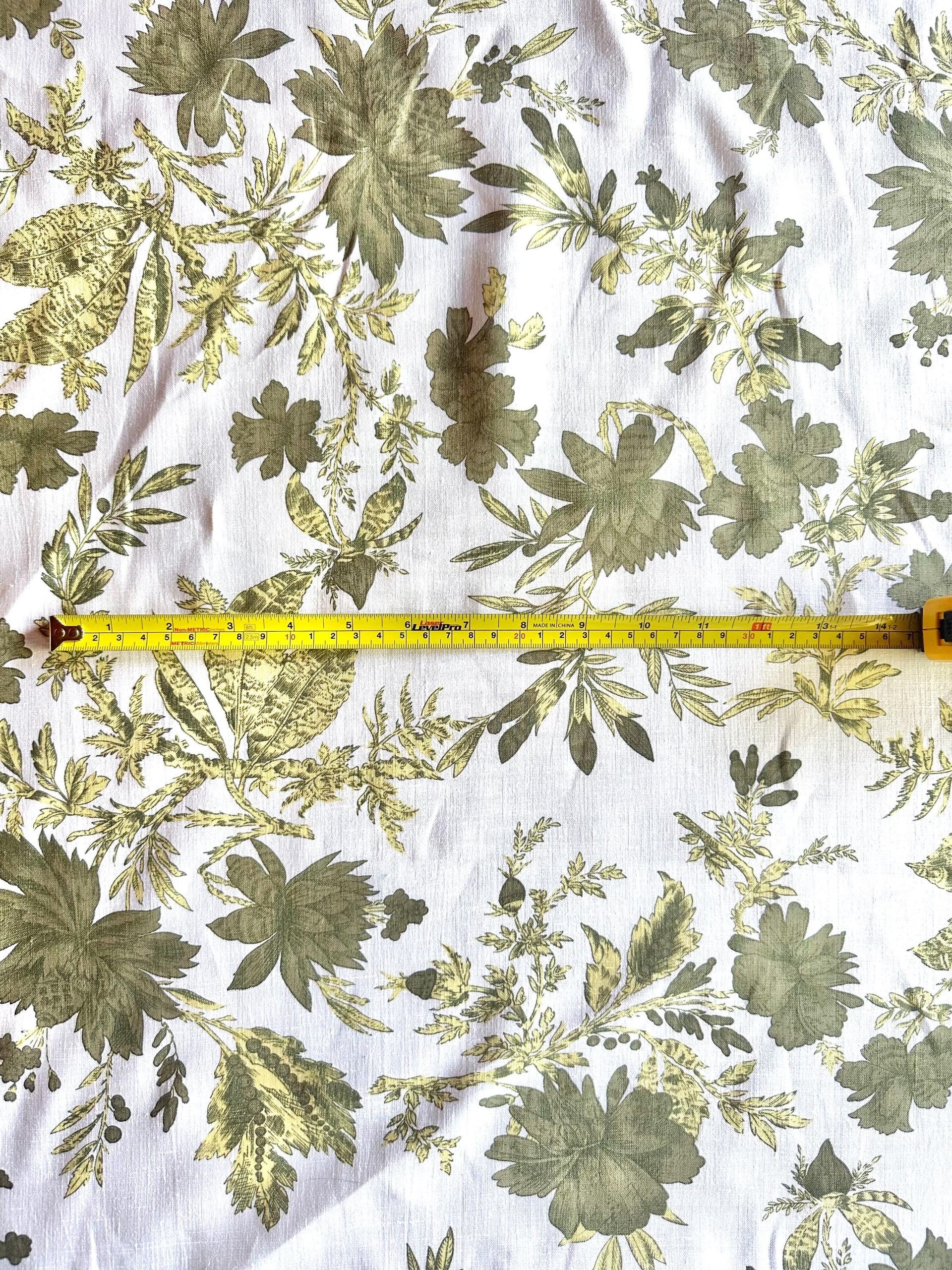 Linen Deadstock Yardage || Green Botanical Lightweight Linen on White 