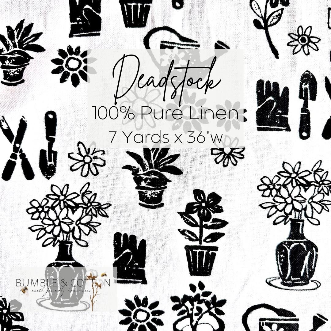 Linen Deadstock Yardage || Gardener’s Delight Black on White 