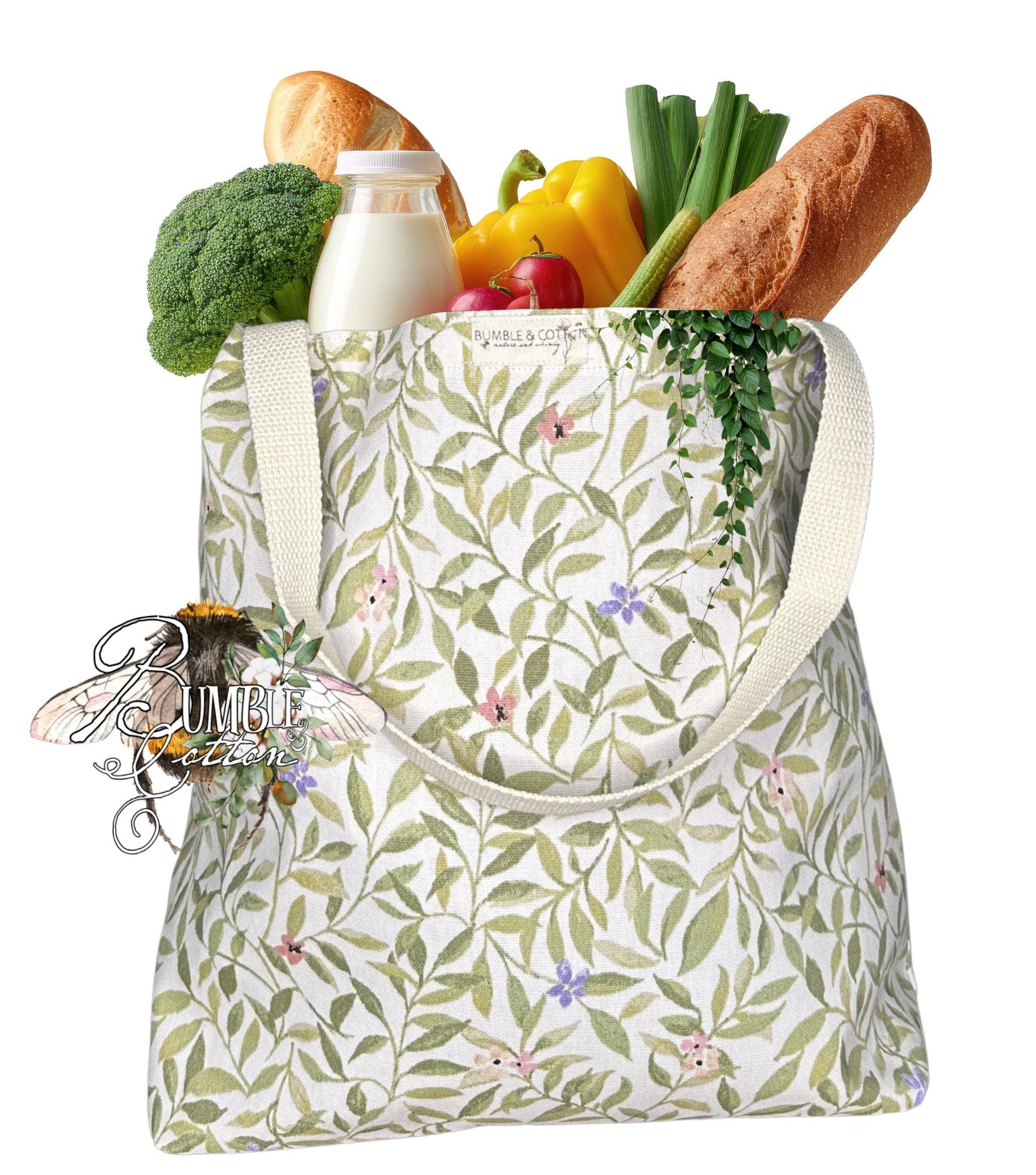 Handmade Botanical Cotton Tote Bag | Nature-Inspired Farmers Market Shopping Bag