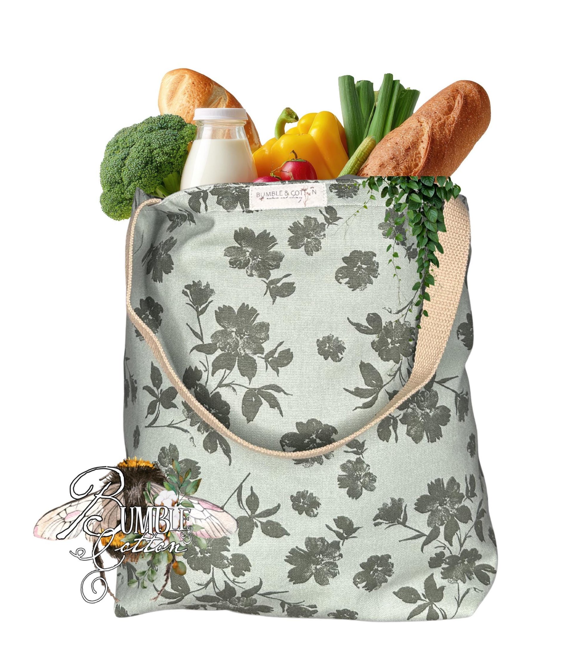 Handmade Botanical Cotton Tote Bag | Nature-Inspired Farmers Market Shopping Bag