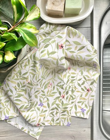 Spring Leaves and Blossoms Chef Towel || Nature Inspired Kitchen Towel
