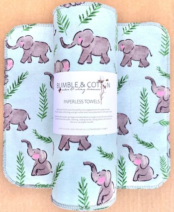 Elephants on blue Paperless Towels || Unpaper Towels || Eco Kitchen Gift 12x12 Sheets