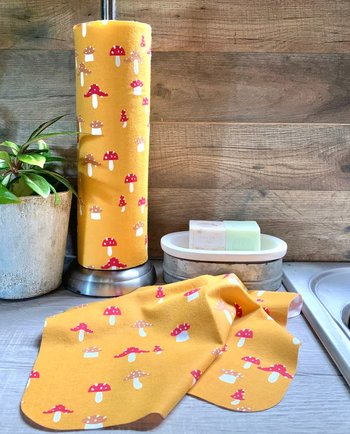 Mushrooms on mustard Paperless Towels || Unpaper Towels || Eco Sustainable Kitchen Gifts || Mushroom Cloth Napkins 12x12 Sheets