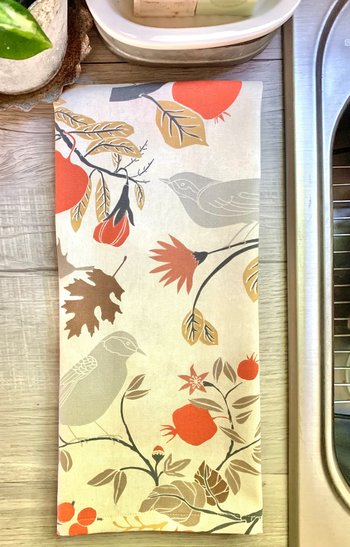 Fall Birds Leaves & Pomegranates Chef Towel || Nature Inspired Kitchen Towel