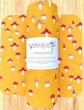 Mushrooms on mustard Paperless Towels || Unpaper Towels || Eco Sustainable Kitchen Gifts || Mushroom Cloth Napkins 12x12 Sheets