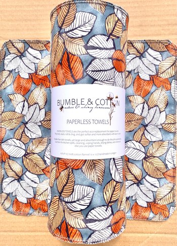 Leaves on grey Paperless Towels || Unpaper Towels || Eco Sustainable Zero Waste Kitchen 12x12 Sheets
