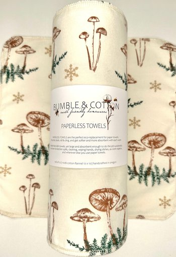 Mushrooms & Green Pine Branches Paperless Towels || Unpaper Towels || Eco Sustainable Zero Waste Kitchen || Mushroom Cloth Napkins