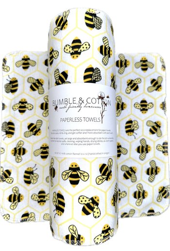 Bumblebees on white Paperless Towels || 6 or 12 Unpaper Towels 12x12 || Eco Sustainable Kitchen Goods