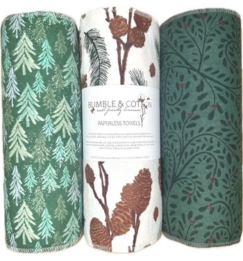 Winter Green Trio Paperless Towels || Unpaper Towels || Zero Waste Kitchen Gifts 12x12 Sheets